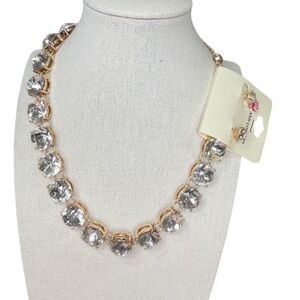 And Lovely Gold Statement Necklace earring set Clear Crystal CZ 21" sparkly gift